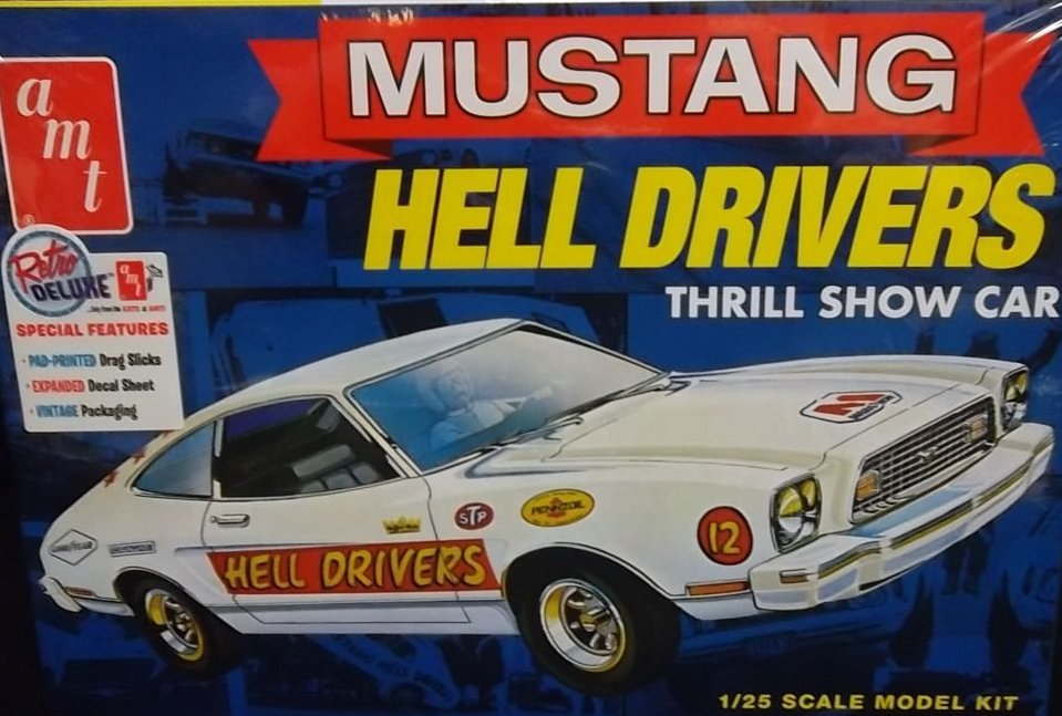Model kit box for a 'Mustang Hell Drivers' thrill show car with a blue background