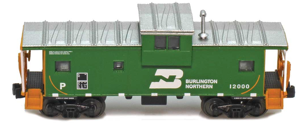 Model train car with Burlington Northern logo on a white background
