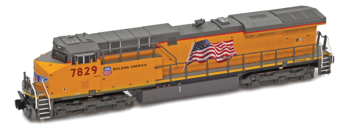 Model UP train locomotive with U.S. flag and number 7829 on an orange background