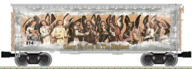 A model train car with a colorful holiday themed painting featuring angels on the side, titled 'Angel Christmas Car'.