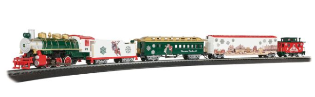 Model train set with a green locomotive and red and white cars on a white background