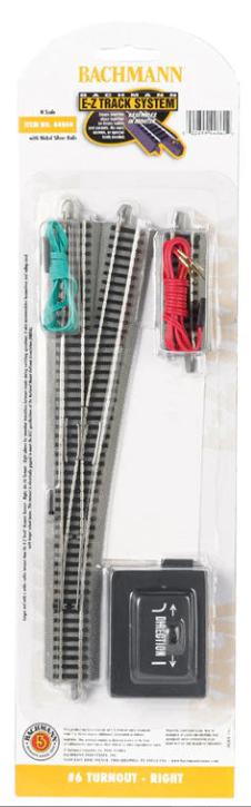 Bachmann Model Railways 66 TurboTie Right switch in its original blister card packaging, showing the gray metal switch components, red and green levers, and black electrical contact block.
