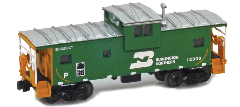 Model of a Burlington Northern train car with green and orange colors.