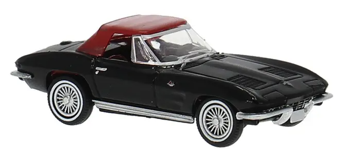 A black diecast model of a classic convertible sports car with a red convertible top and silver chrome accents, shown on a plain white background.