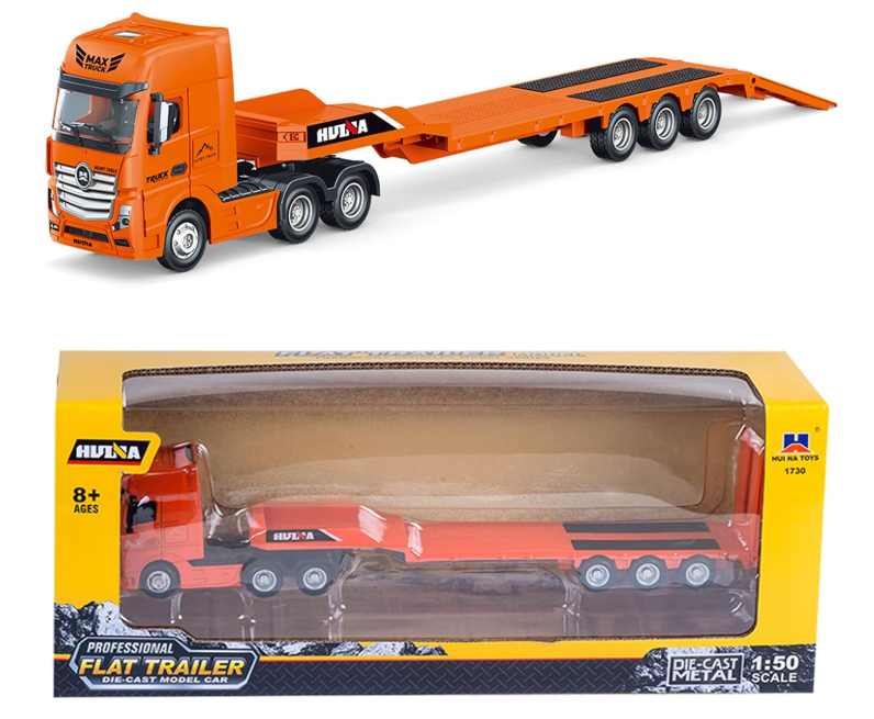 Hui Na Toys Flat Trailer Truck Toy, Heavy Duty Alloy Construction Toys Vehicle, 1:50 Scale Diecast Trailer Truck