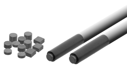 Two black cylindrical rod-like components with circular end caps shown alongside a small cluster of gray rectangular and round pieces on a plain white background.