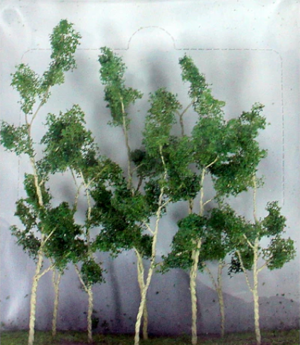 A set of 8 green artificial trees designed for use in model train sets, displayed against a neutral background.