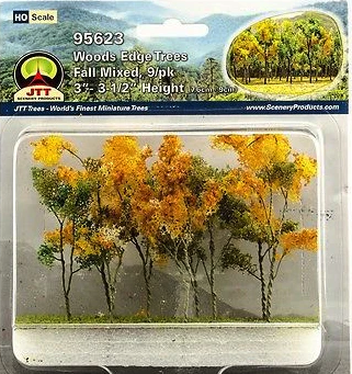 Packaged set of JTT brand miniature trees with fall mixed colors designed for HO scale modeling.