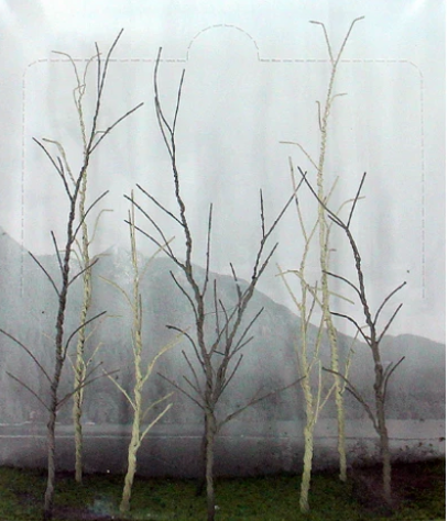 A set of 7 bare woods edge trees designed for O scale model trains, depicting a realistic, barren tree with no leaves.