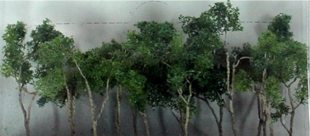 A set of model trees and shrubs designed for use in model train sets, depicted in a natural green color.