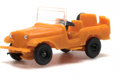 An orange toy model of a Jeep CJ with a clear windshield and a flatbed, made of plastic and designed for play.