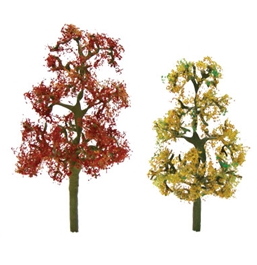 Two model trees, one with red leaves and the other with yellow leaves, on a white background.