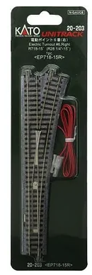 KATO 20-203 electric turnout model for train sets, packaged on a green card with product information in Japanese and English.