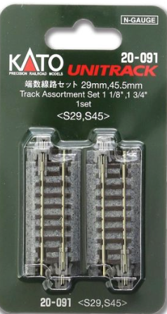 Eight model train tracks laid out on a surface, with two different sizes shown, 1-1/8 in and 1-3/4 in, with a label indicating the product's scale.