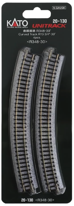 Packaging of Kato 20-130 N Scale Unitrack, showing four curved track pieces designed for model train setups.