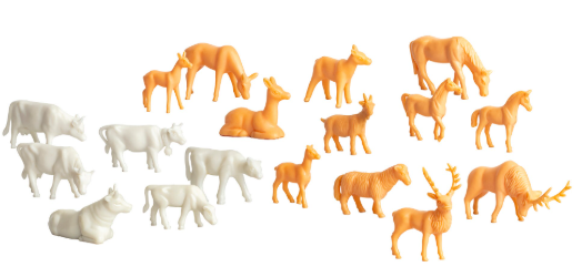 Set of toy animals including deer, cows, and horses on a white background