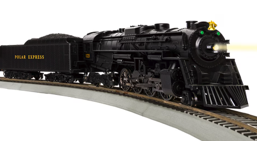 Model train set with a black steam locomotive on tracks, featuring 'Polar Express' branding.