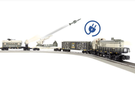 Model train set with crane and 'Army' car on a track, featuring a power symbol.