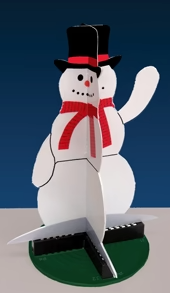 3D animated snowman model with a red scarf and a grey body, standing upright on a base.