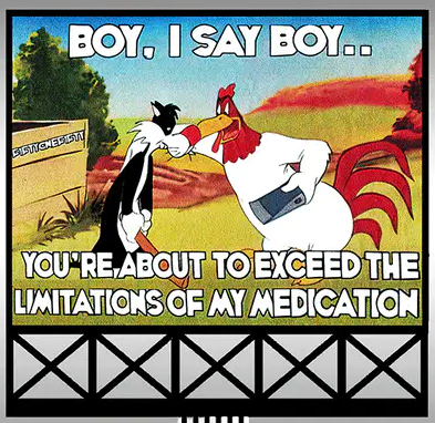 A cartoon billboard featuring a rooster and a dog with a humorous phrase.