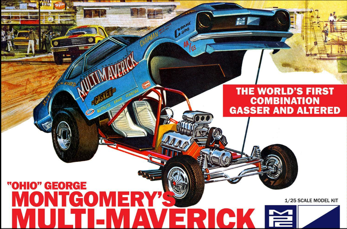 Model kit box for 'Ohio' George Montgomery's Multi-Maverick with racing car illustration.