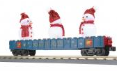 An O gauge blue gondola car with LED Christmas lights and lighted snowmen figures on the side.