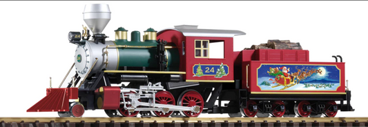 A detailed model of a red and green PIKO 38230 NORTH POLE EXPRESS MOGUL LOCOMOTIVE #24 with a Christmas tree on the side, equipped with lights and a 5-pole motor.