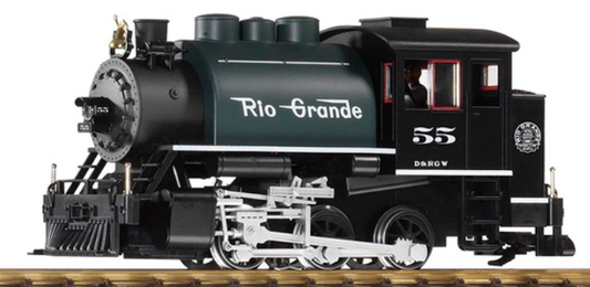 A black and green 0-6-0 DRGW STEAM LOCOMOTIVE model train with detailed designing including lights, brake cylinders, and a smoke stack.