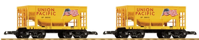 Two single-bay, open-top yellow ore cars with black details, designed for G-scale model railroads.
