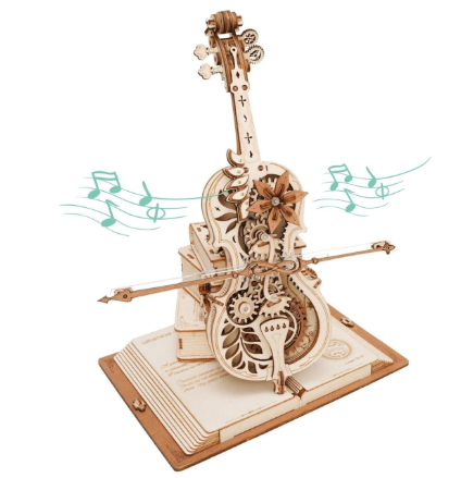 Wooden mechanical model of a violin with gears on a white background