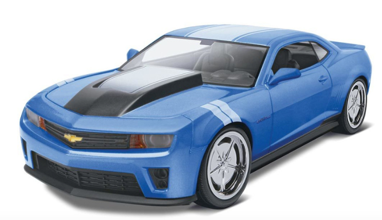 A blue scale model of a 2013 Camaro ZL1 with a black roof and white detailing, featuring a 6.2 liter engine and custom wheels.
