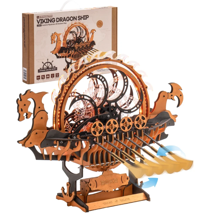 Viking dragon ship model with mechanical gears and a cardboard box labeled 'Viking Dragon Ship' on a white background.
