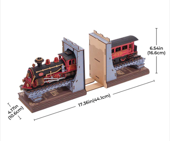 Model train set with dimensions indicated on a white background