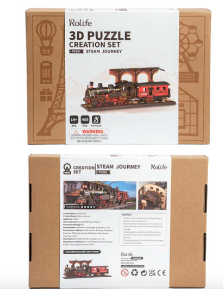 Rolife 3D Puzzle Creation Set packaging with steam train design on a white background