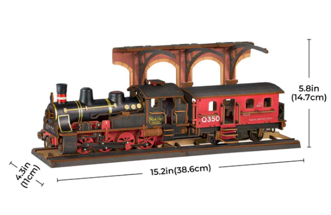 Model train set with dimensions indicated on a white background