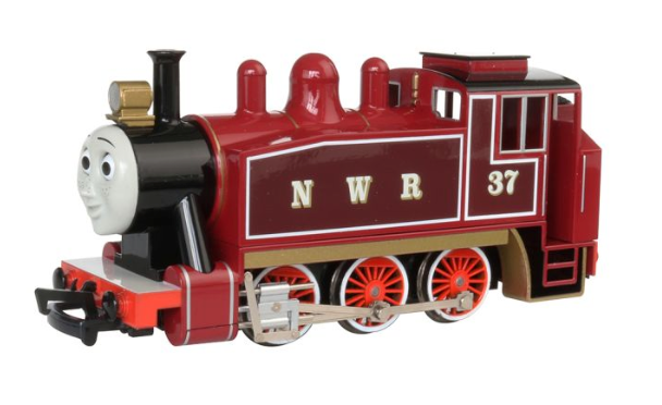 A HO scale model of the Rosie Engine from Thomas & Friends, in red color with moving eyes, number 37, and metallic details.