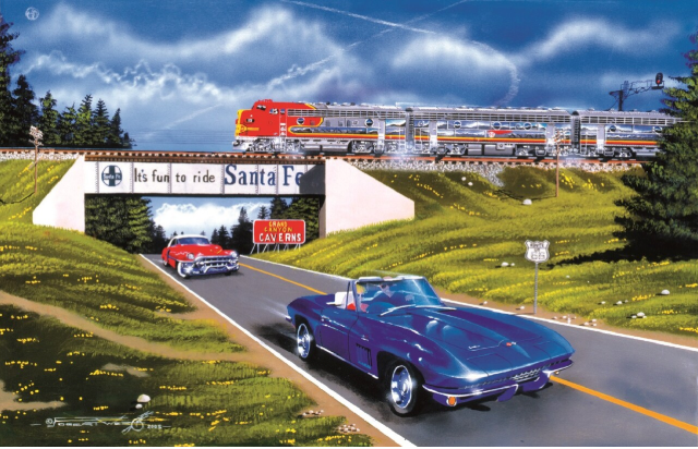 A colorful illustrated scene showing a red and silver passenger train traveling on tracks above a bridge with the words 'It's fun to ride Santa Fe.' A purple convertible car drives on a road below, with a red car and roadside signs visible in the landscape.
