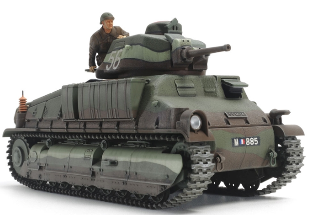 Model tank with a figure on top against a white background