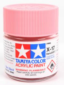 Tamiya Color acrylic paint can with pink lid on a white background