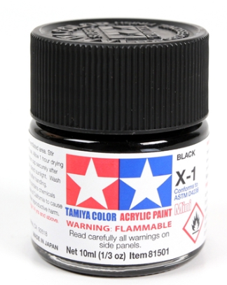Tamiya Color acrylic paint jar with black lid on a white background