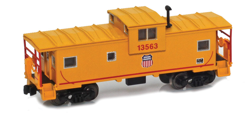 Model of an orange train caboose with a visible UP flag logo on a white background
