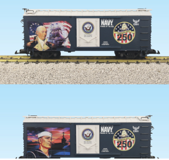 Model train boxcar with naval-themed graphics on a clear background