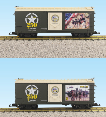 Model train car with U.S. Army branding on a clear background