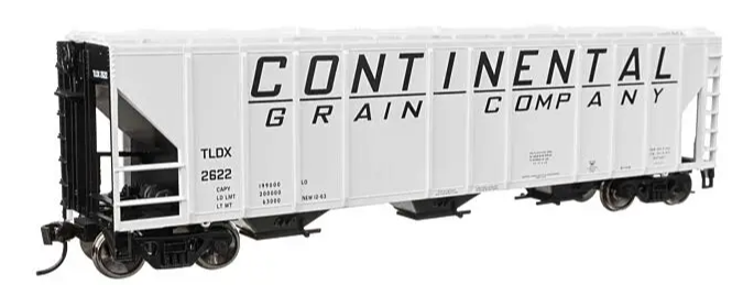 Model of a grain hopper car with 'Continental Grain Company' branding on a white background