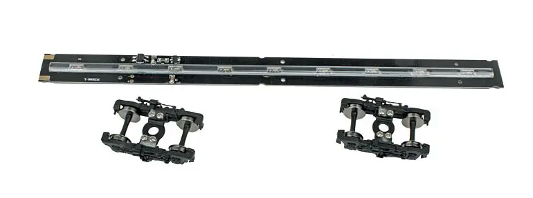 Black metal track system with two connectors on a white background