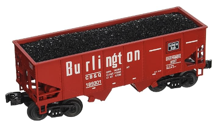 Red Burlington 2-Bay USRA Outside Braced Hopper Truck model train car with black detailing and wheels visible.