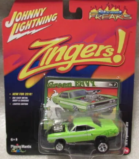 A die-cast model of a green 1970 Plymouth GTX Zingers car in packaging, labeled as Johnny Lightning.