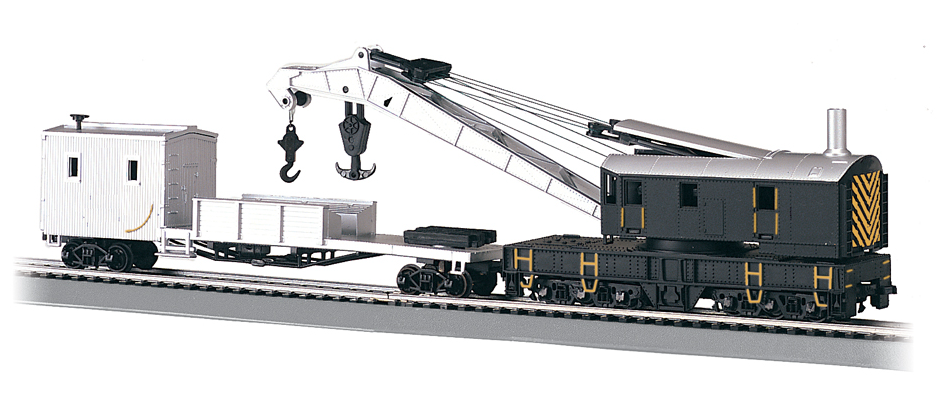 A model of a 250-ton steam crane & boom tender with a gray body, black accents, and metal wheels.