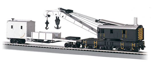 A model of a 250-ton steam crane & boom tender with a gray body, black accents, and metal wheels.