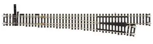 A section of model train track with a gray rail and black plastic ties.